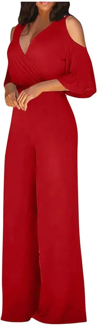 Women solid Color Sexy Deep V Neck Short Sleeve Slim Fit Lace Up Elegant Wide Leg Jumpsuit