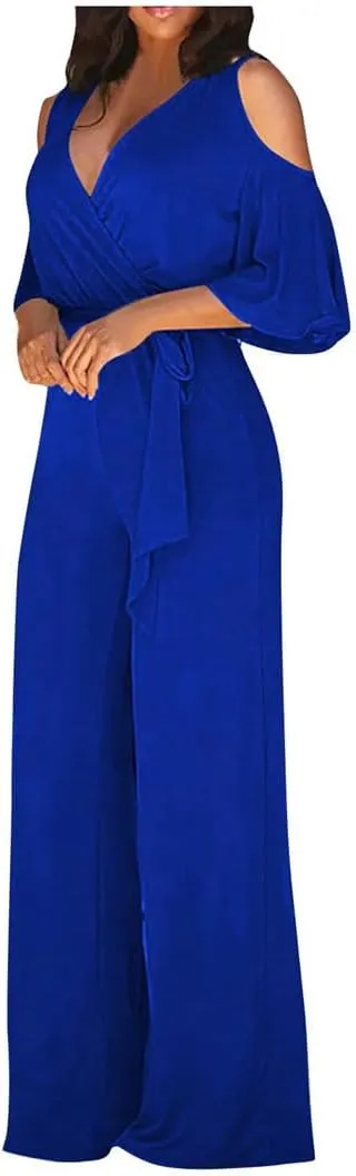 Women solid Color Sexy Deep V Neck Short Sleeve Slim Fit Lace Up Elegant Wide Leg Jumpsuit