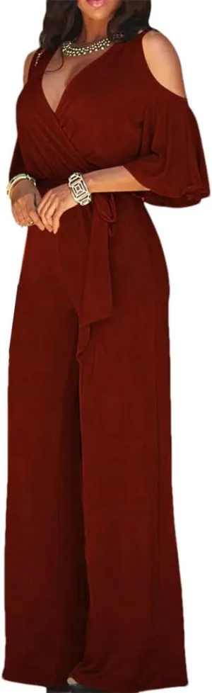Women solid Color Sexy Deep V Neck Short Sleeve Slim Fit Lace Up Elegant Wide Leg Jumpsuit