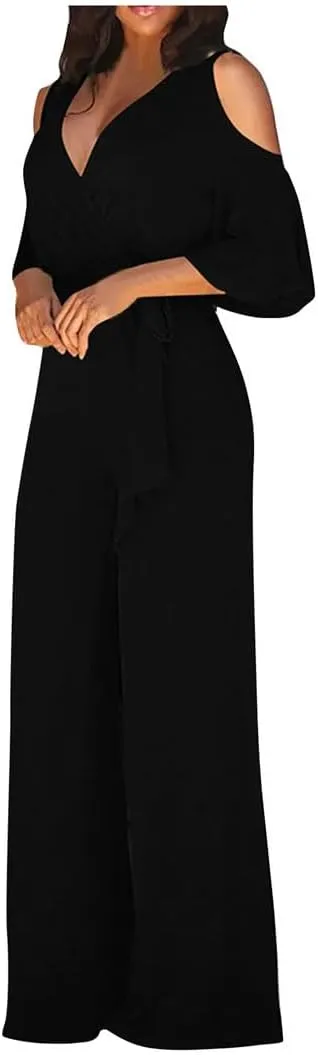 Women solid Color Sexy Deep V Neck Short Sleeve Slim Fit Lace Up Elegant Wide Leg Jumpsuit