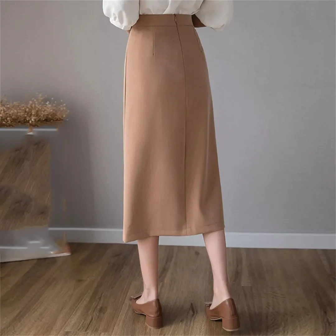 Women Split Mid Length Elegant Solid Color High Waist Straight Skirts