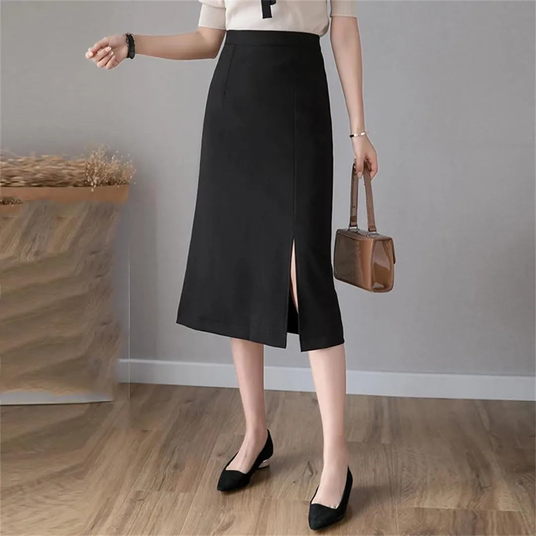Women Split Mid Length Elegant Solid Color High Waist Straight Skirts