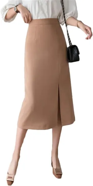 Women Split Mid Length Elegant Solid Color High Waist Straight Skirts
