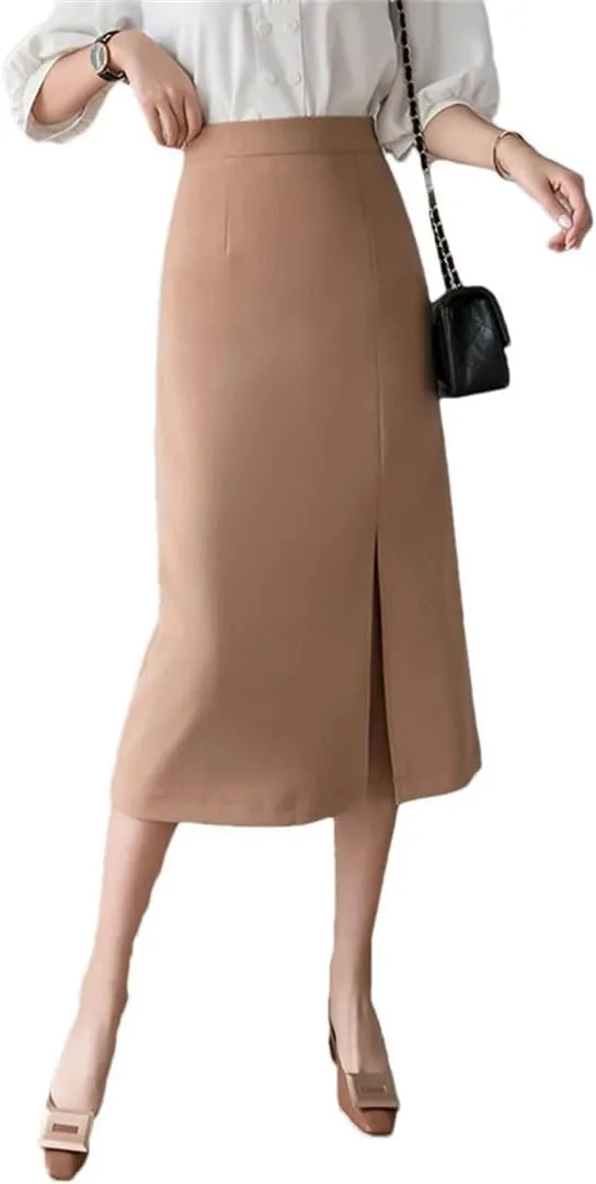Women Split Mid Length Elegant Solid Color High Waist Straight Skirts