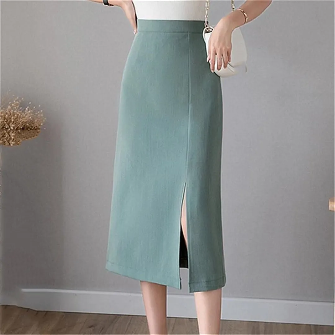 Women Split Mid Length Elegant Solid Color High Waist Straight Skirts