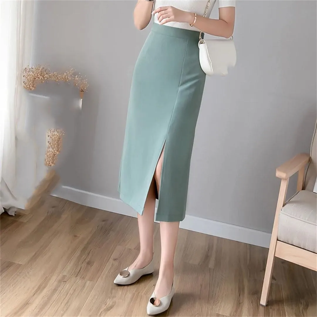 Women Split Mid Length Elegant Solid Color High Waist Straight Skirts