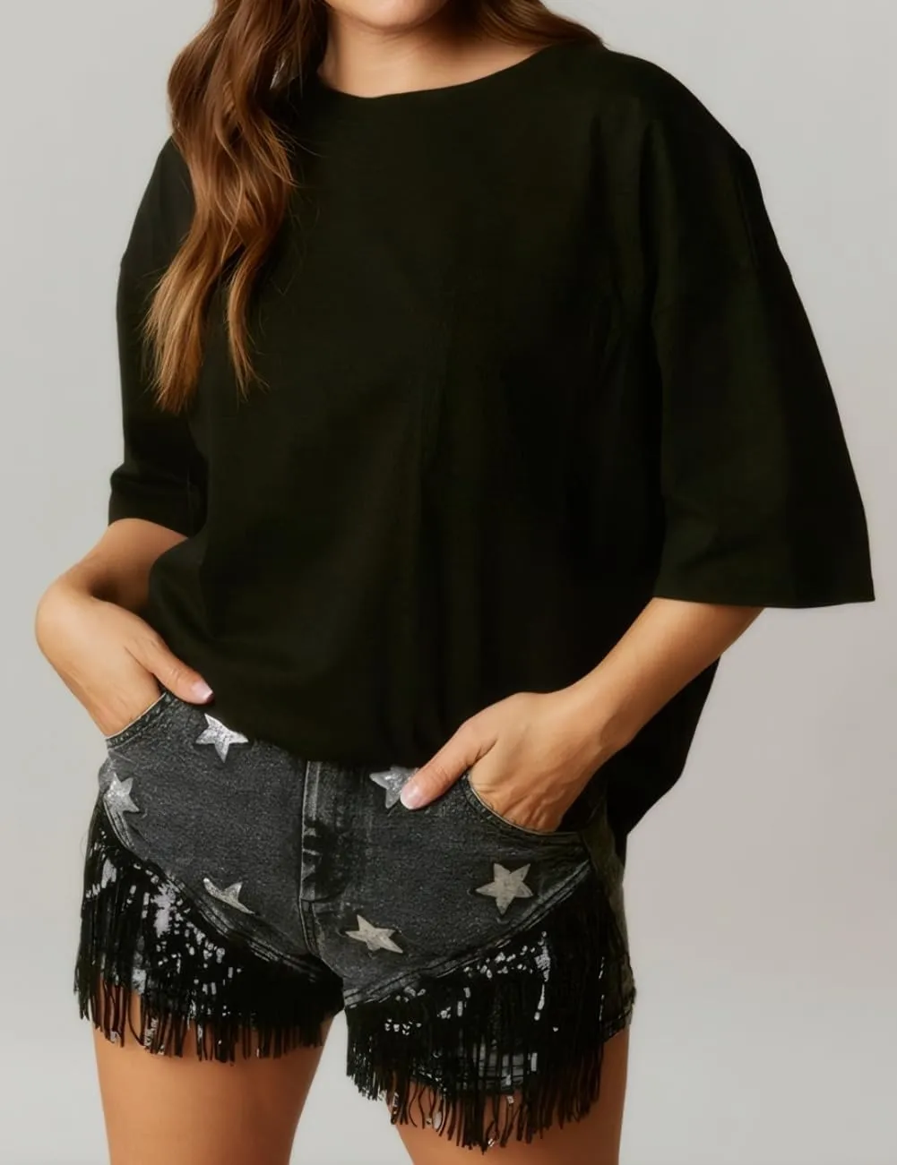 Women Summer Star Sequin Shorts Ripped Stretchy Jeans Frayed Raw Hem Casual Tassels Denim Shorts