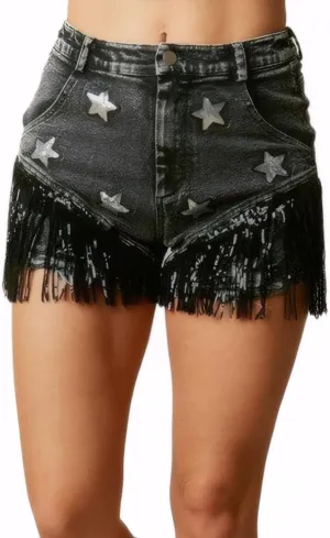 Women Summer Star Sequin Shorts Ripped Stretchy Jeans Frayed Raw Hem Casual Tassels Denim Shorts