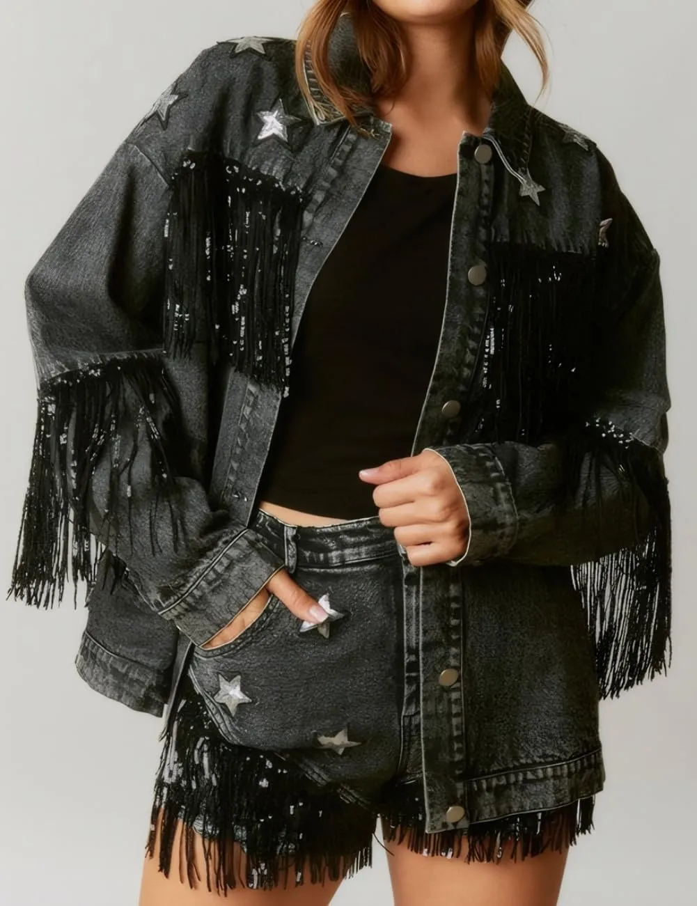Women Summer Star Sequin Shorts Ripped Stretchy Jeans Frayed Raw Hem Casual Tassels Denim Shorts