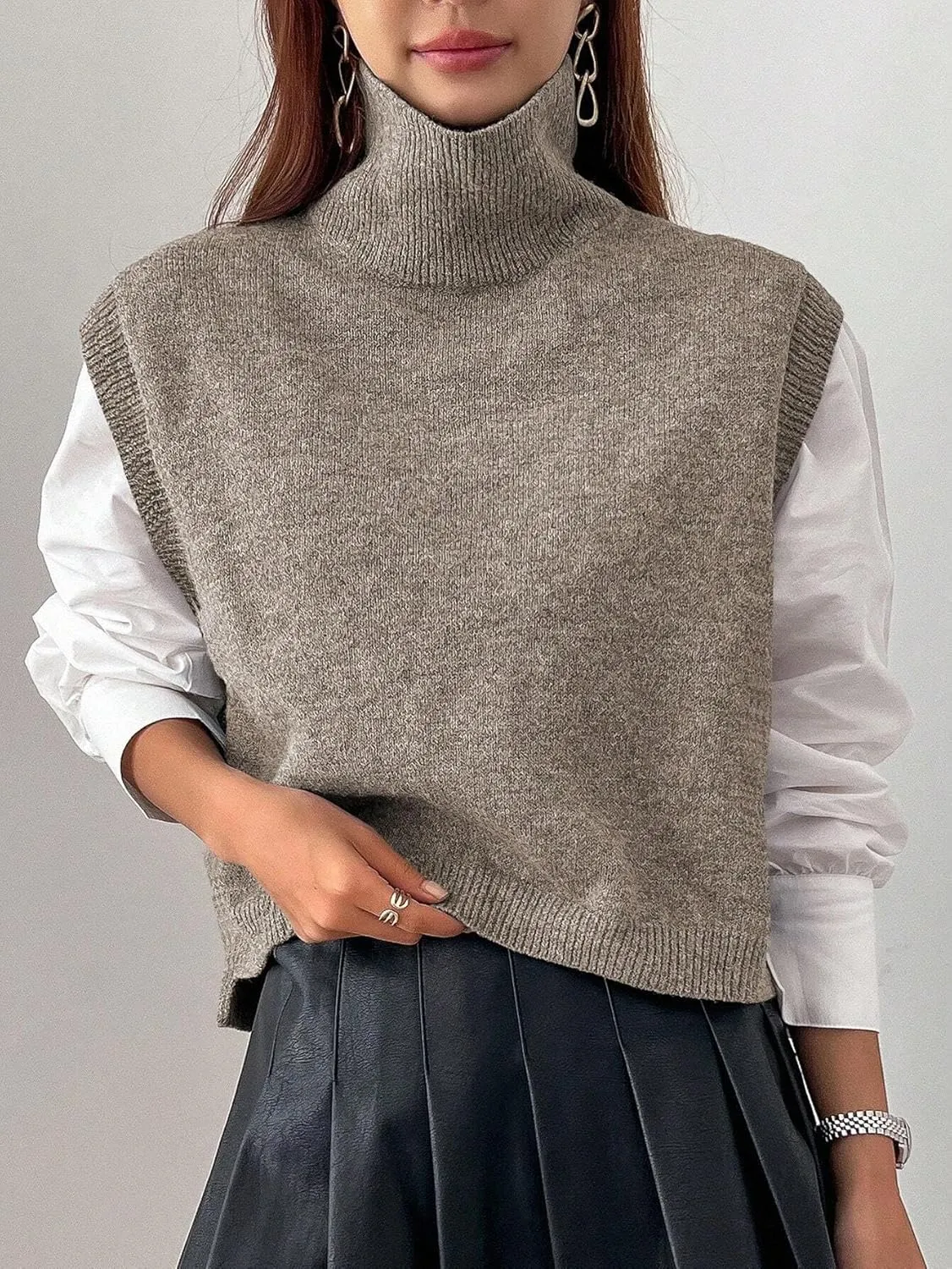 Women Turtleneck Crop Sweater Vest Sleeveless High Neck Solid Loose Fit Knitted Causal Jumper Top Streetwear