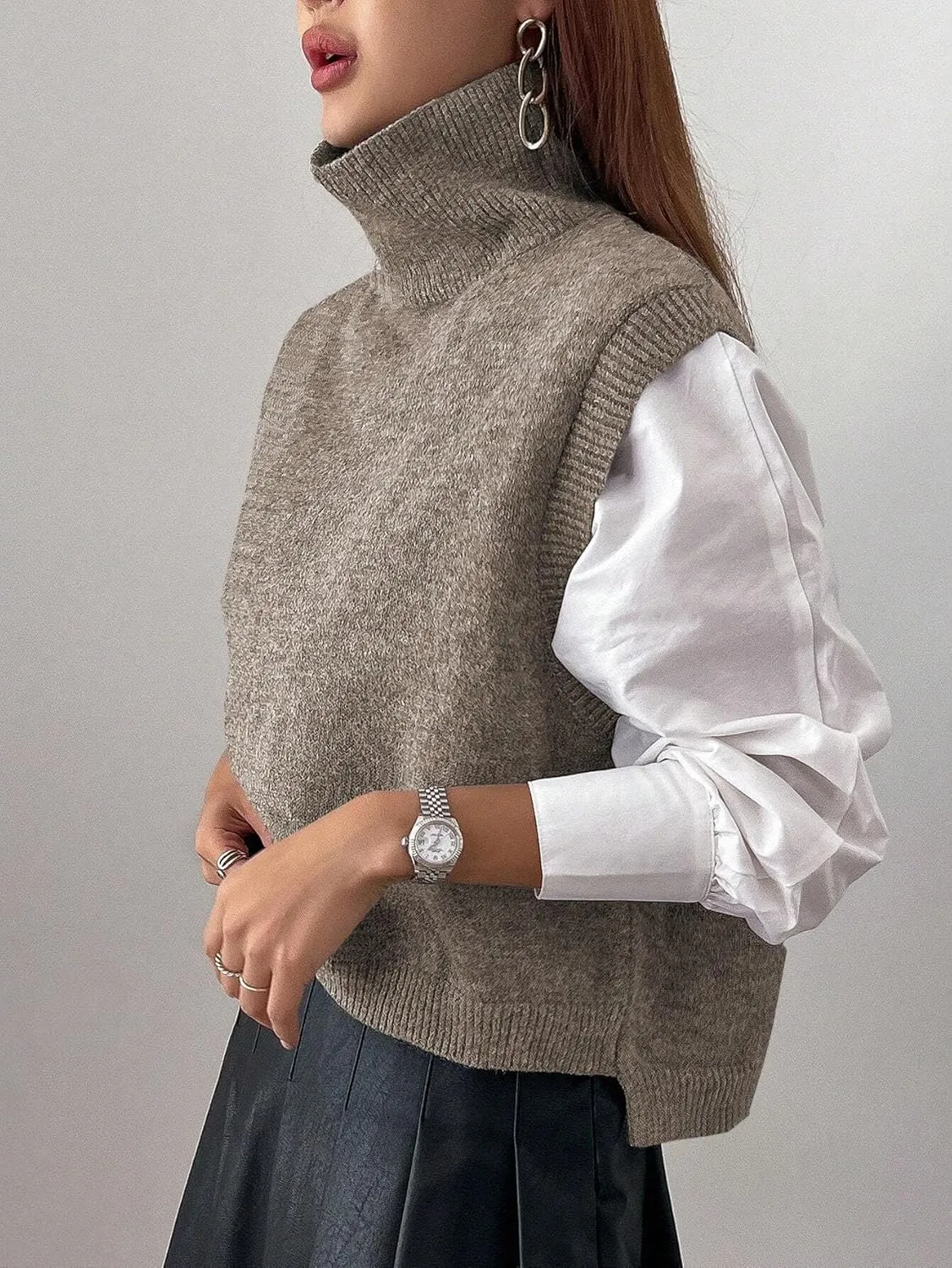 Women Turtleneck Crop Sweater Vest Sleeveless High Neck Solid Loose Fit Knitted Causal Jumper Top Streetwear