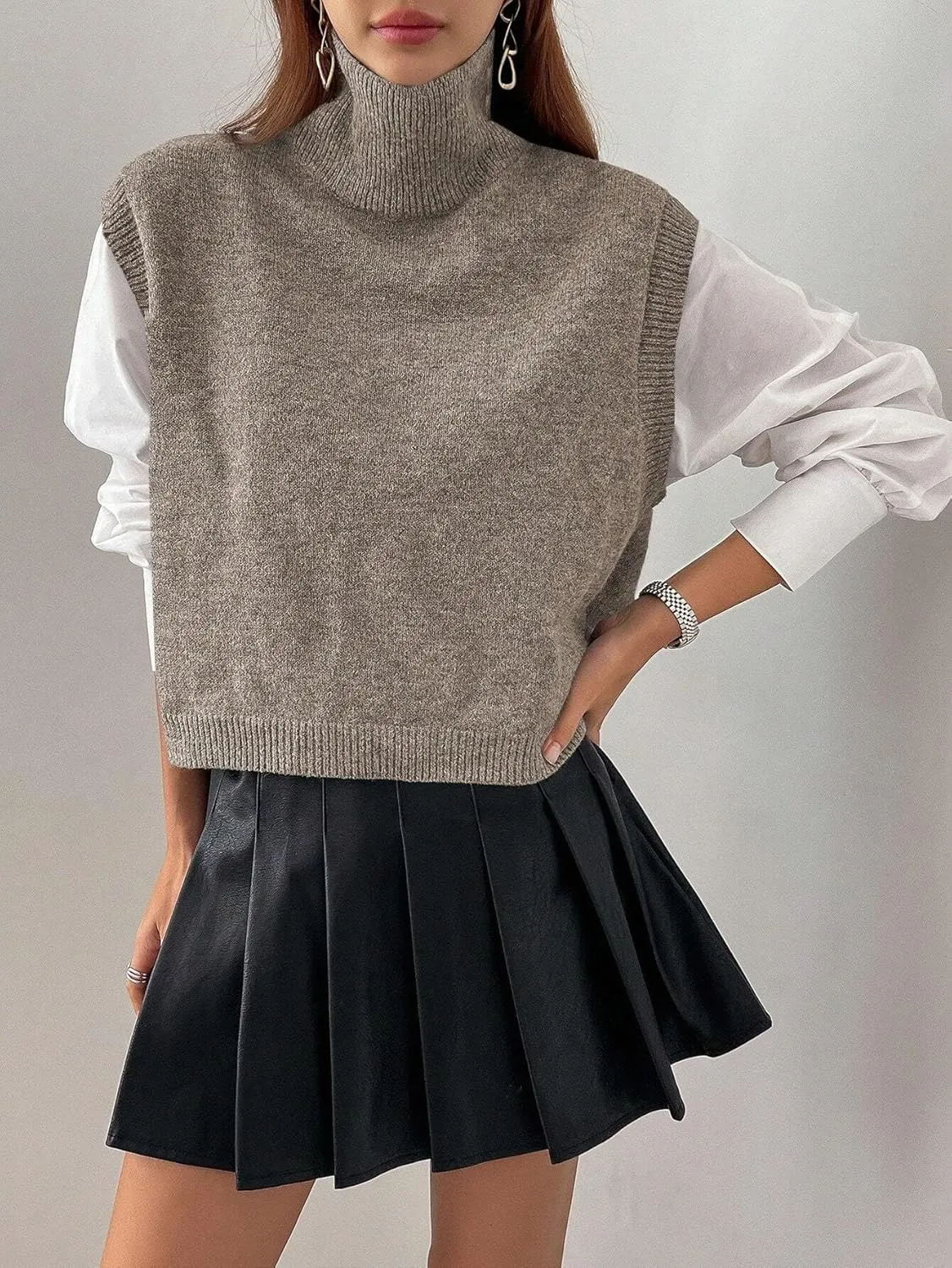 Women Turtleneck Crop Sweater Vest Sleeveless High Neck Solid Loose Fit Knitted Causal Jumper Top Streetwear