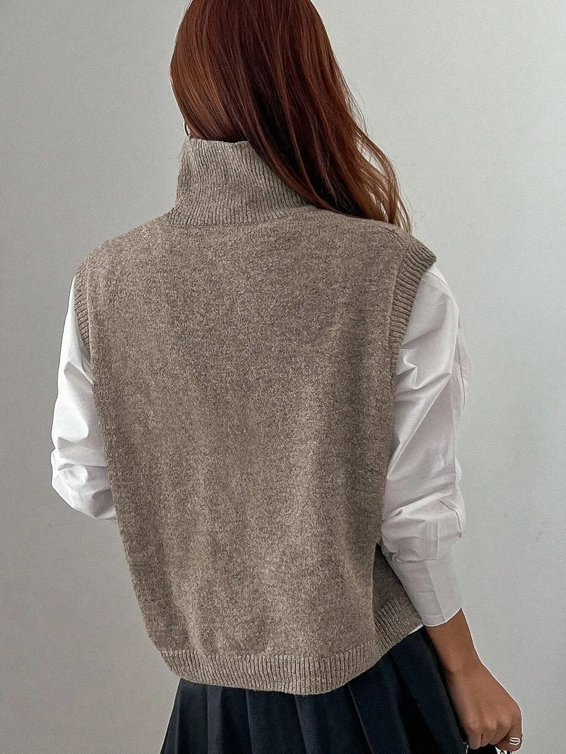 Women Turtleneck Crop Sweater Vest Sleeveless High Neck Solid Loose Fit Knitted Causal Jumper Top Streetwear
