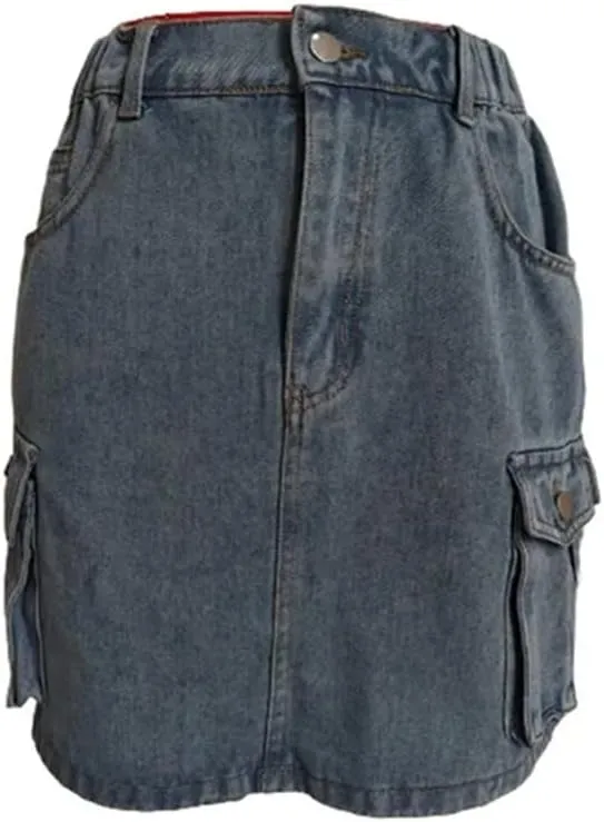 Women Workwear Style Denim Skirt Hem Patchwork Pocket High Waist Washable Half-Body Dresses