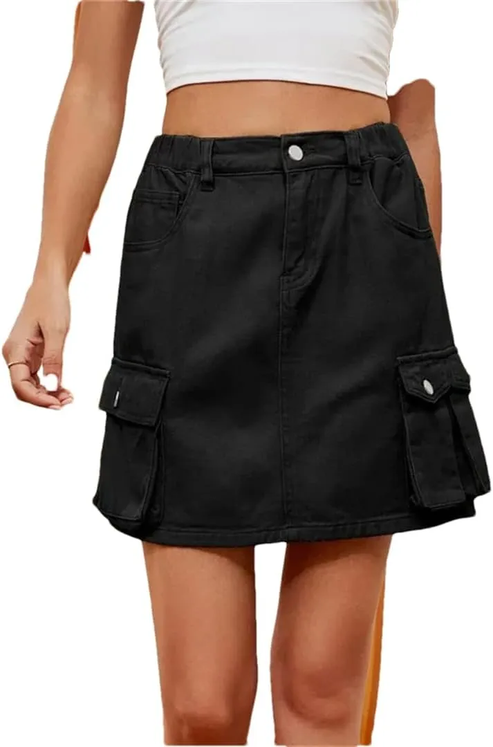 Women Workwear Style Denim Skirt Hem Patchwork Pocket High Waist Washable Half-Body Dresses