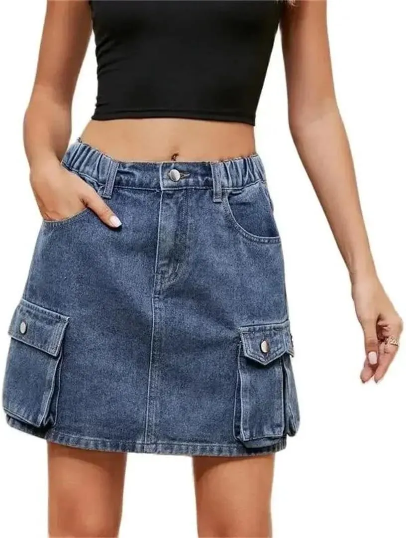Women Workwear Style Denim Skirt Hem Patchwork Pocket High Waist Washable Half-Body Dresses