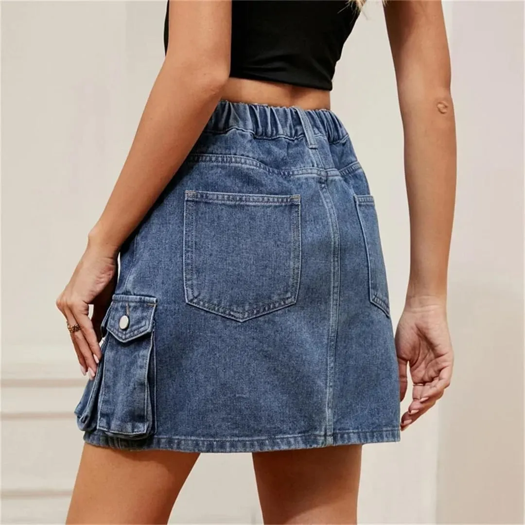 Women Workwear Style Denim Skirt Hem Patchwork Pocket High Waist Washable Half-Body Dresses