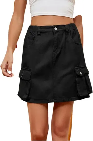 Women Workwear Style Denim Skirt Hem Patchwork Pocket High Waist Washable Half-Body Dresses