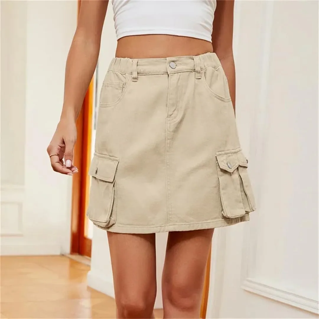 Women Workwear Style Denim Skirt Hem Patchwork Pocket High Waist Washable Half-Body Dresses