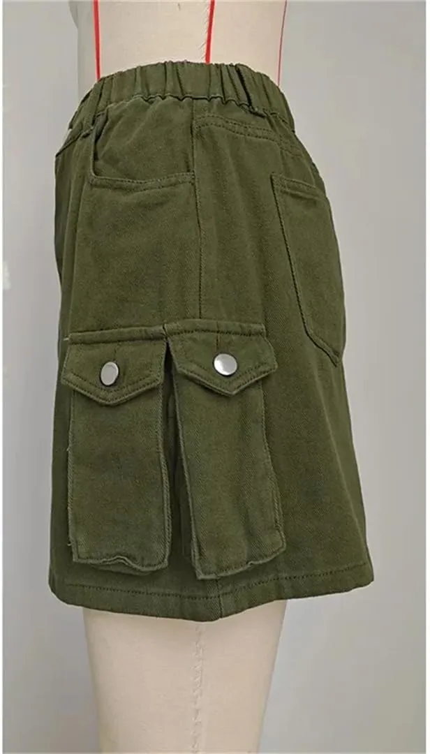 Women Workwear Style Denim Skirt Hem Patchwork Pocket High Waist Washable Half-Body Dresses