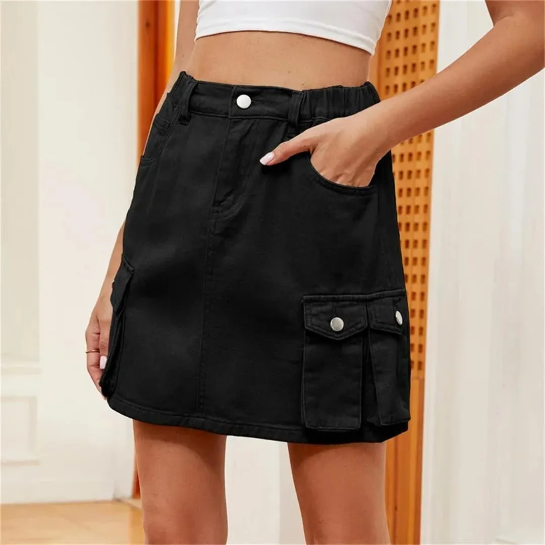 Women Workwear Style Denim Skirt Hem Patchwork Pocket High Waist Washable Half-Body Dresses