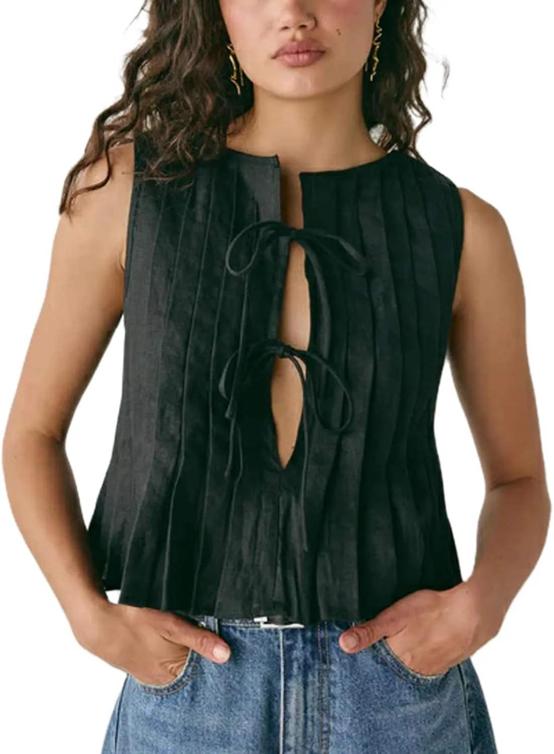 Women Y2K Babydoll Ruffle Tank Top Linen Front Button Pleated Peplum Vest Flowy Coquette Cropped Shirt Cute Blouse Summer