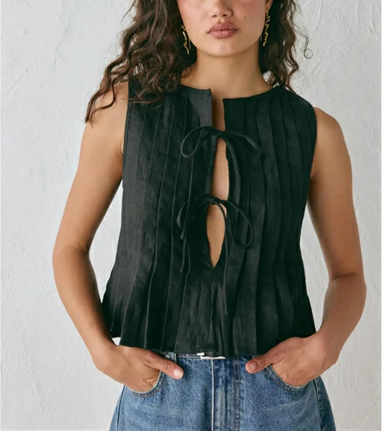 Women Y2K Babydoll Ruffle Tank Top Linen Front Button Pleated Peplum Vest Flowy Coquette Cropped Shirt Cute Blouse Summer