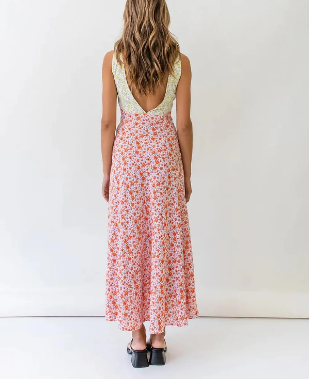 Women Y2k Bodycon Maxi Dress Vintage Floral Print Long Dress Sleeveless Open Back Deep V Neck Tank Sundress