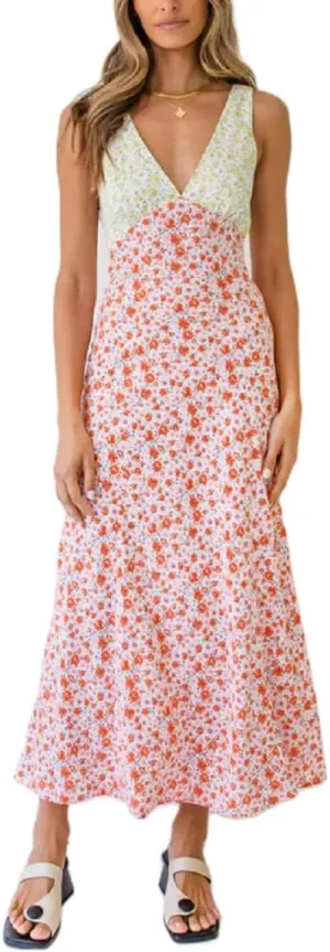 Women Y2k Bodycon Maxi Dress Vintage Floral Print Long Dress Sleeveless Open Back Deep V Neck Tank Sundress