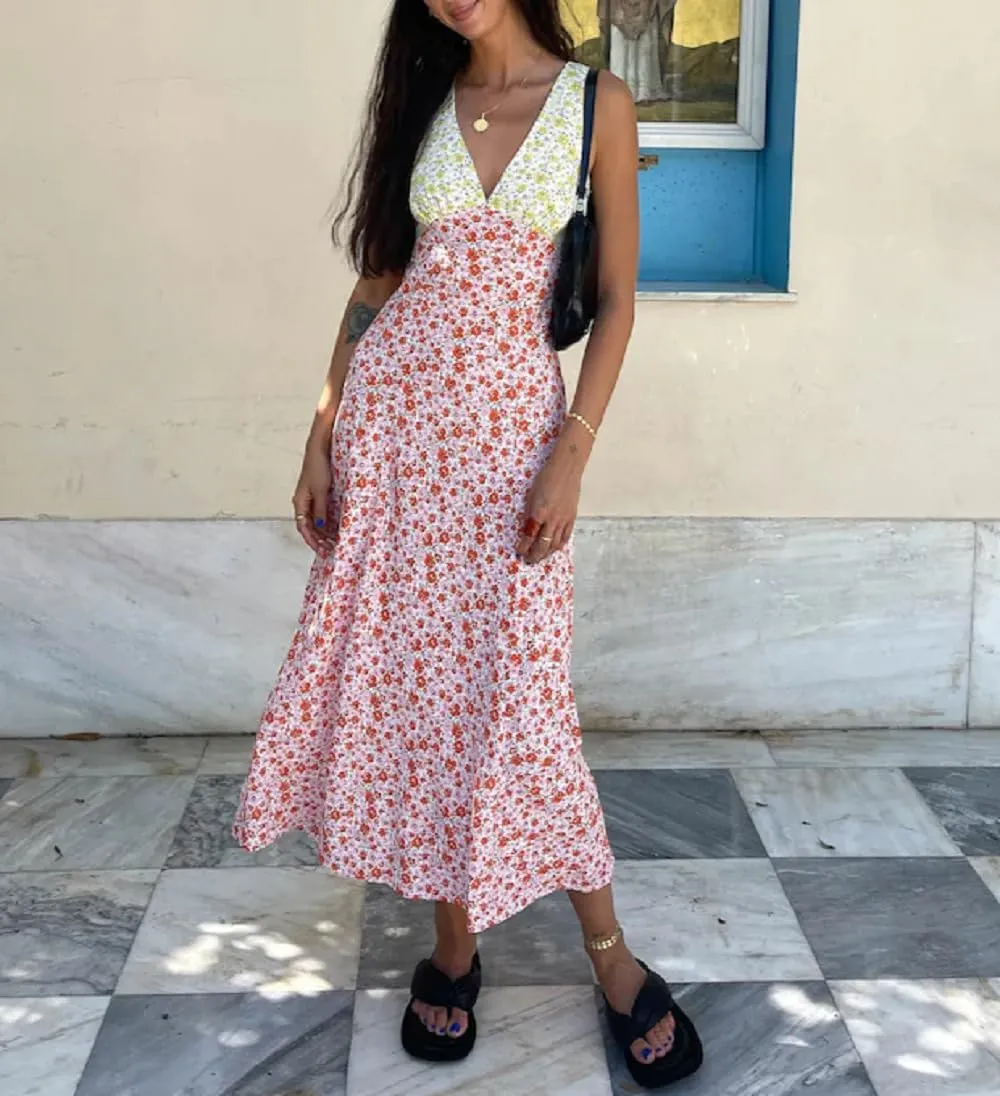 Women Y2k Bodycon Maxi Dress Vintage Floral Print Long Dress Sleeveless Open Back Deep V Neck Tank Sundress