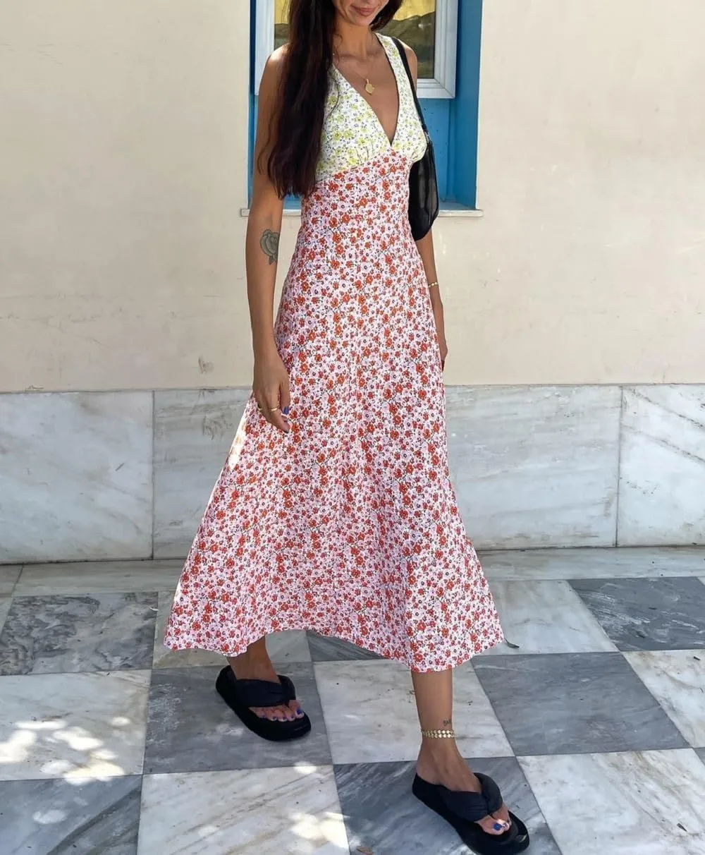 Women Y2k Bodycon Maxi Dress Vintage Floral Print Long Dress Sleeveless Open Back Deep V Neck Tank Sundress