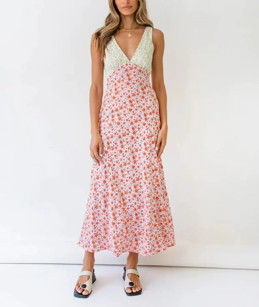 Women Y2k Bodycon Maxi Dress Vintage Floral Print Long Dress Sleeveless Open Back Deep V Neck Tank Sundress
