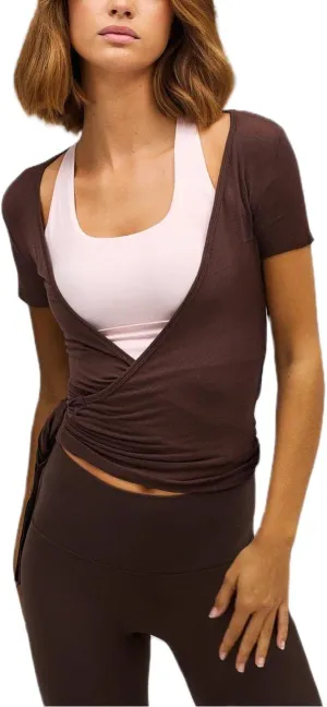 Women Y2k Cross Wrap Shirt Deep V Neck Tie Front Short Sleeve Tops Solid Slim Fit Yoga Shirts Active Blouse