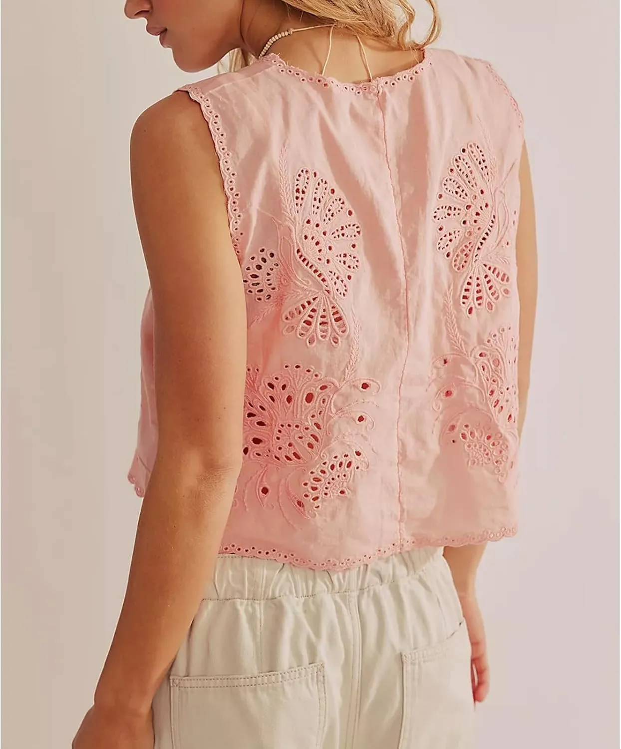 Women Y2k Embroidered Floral Front Tie Up Tank Vest Summer V Neck Cute Eyelet Going Out Crop Tops Blouse Shirts