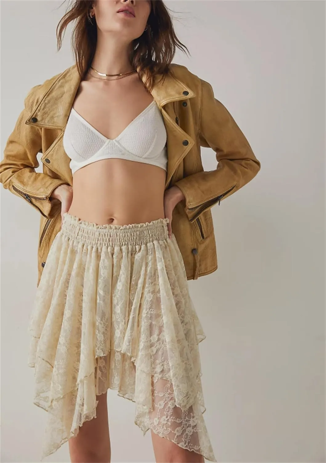 Women Y2k Lace Mini Skirt Half Slip Low Rise Ruffle Skirts Satin Patchwork Lace Trim Pleated Short Skirts Party