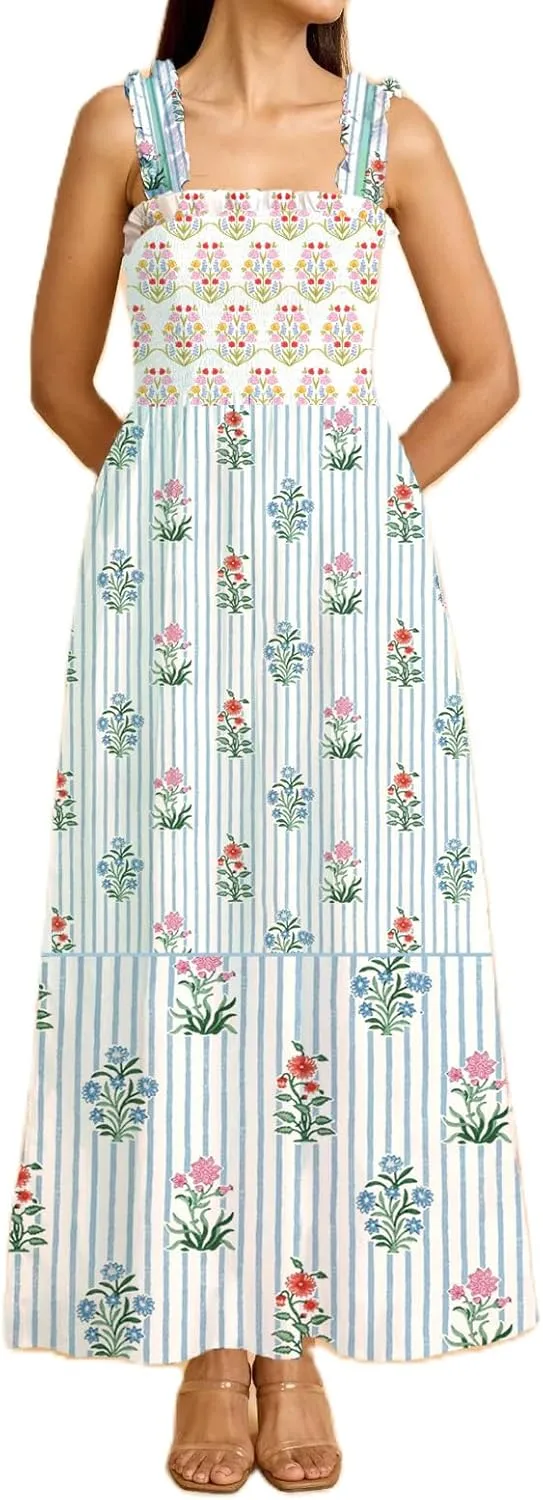 Women Y2K Patchwork Floral Maxi Dress Tie Shoulder Smocked A Line Flowy Long Dress Boho Ruffle Beach Sundress