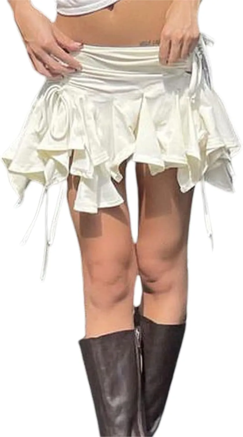 Women Y2k Ruffle Mini Skirt Asymmetrical Hem Pleated Skirt Lace Trim Layered Aline Short Skirt Aesthetic