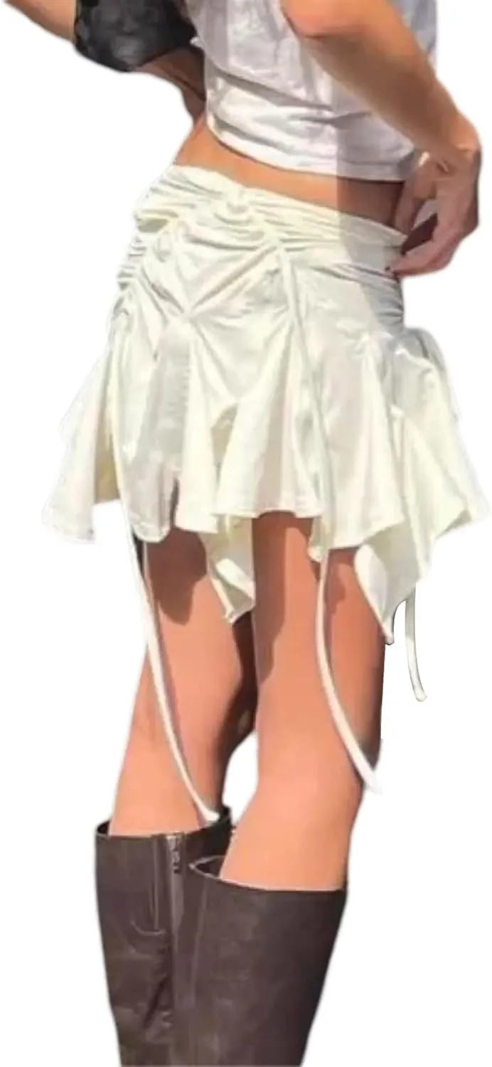 Women Y2k Ruffle Mini Skirt Asymmetrical Hem Pleated Skirt Lace Trim Layered Aline Short Skirt Aesthetic
