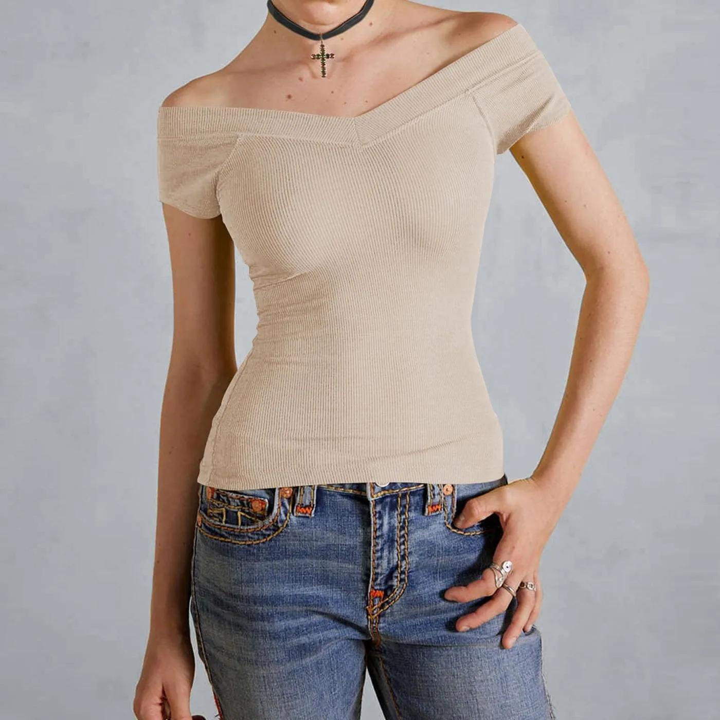Women Y2k Short Sleeve V Neck Off Shoulder Rib Knit T Shirt Summer Casual Basic Solid Slim Fit Tee Tops Streetwear