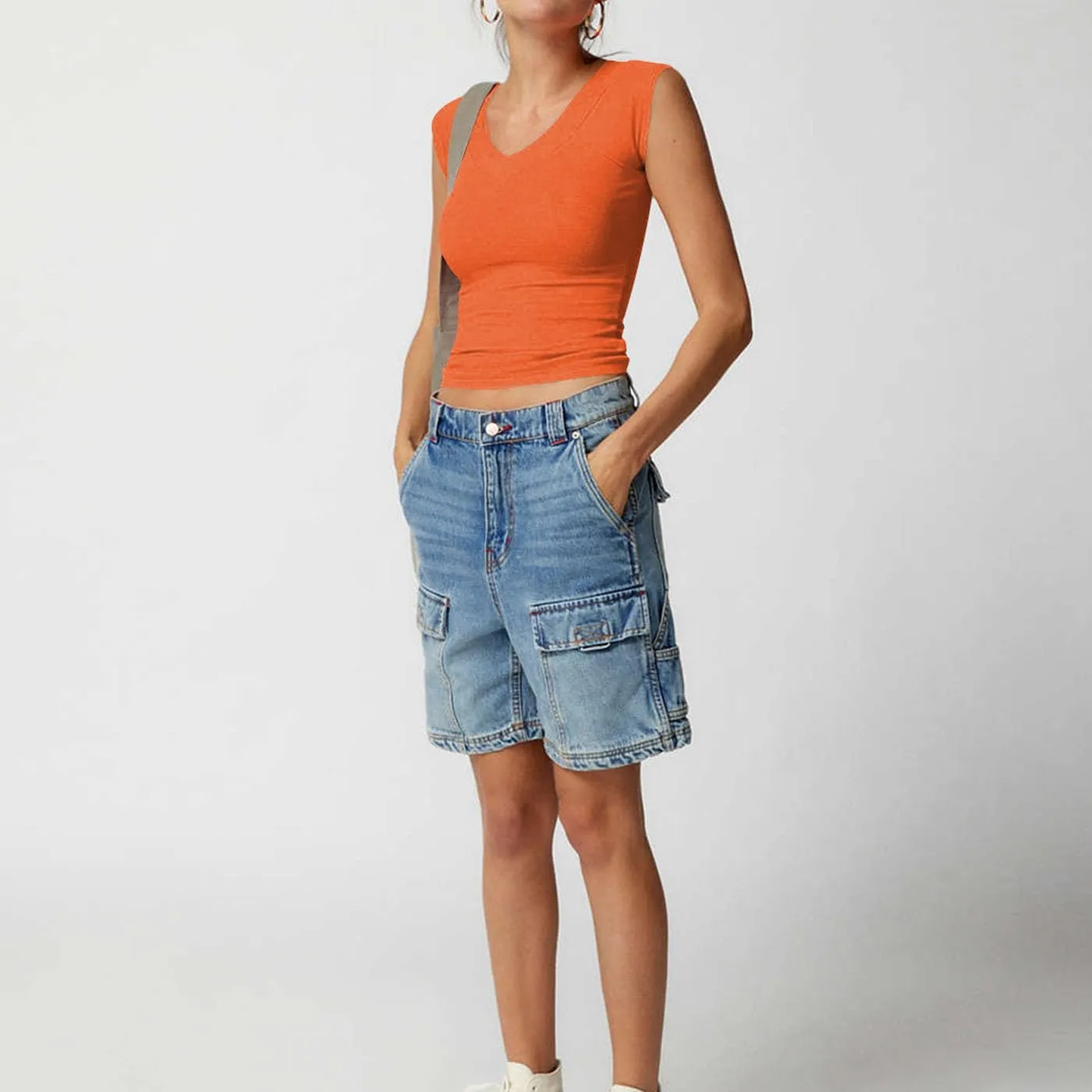Women Y2k Short Sleeve V Neck Off Shoulder Rib Knit T Shirt Summer Casual Basic Solid Slim Fit Tee Tops Streetwear
