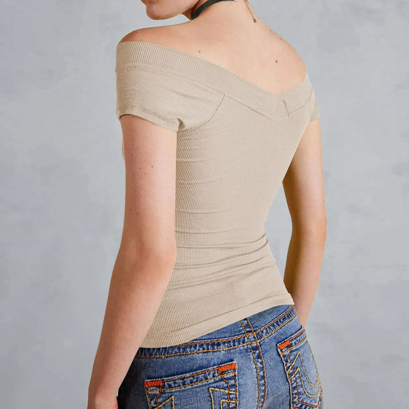 Women Y2k Short Sleeve V Neck Off Shoulder Rib Knit T Shirt Summer Casual Basic Solid Slim Fit Tee Tops Streetwear