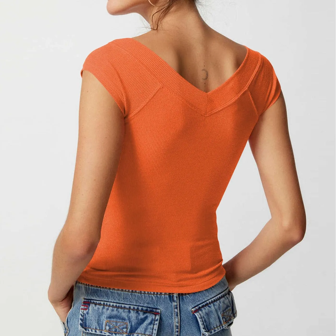 Women Y2k Short Sleeve V Neck Off Shoulder Rib Knit T Shirt Summer Casual Basic Solid Slim Fit Tee Tops Streetwear