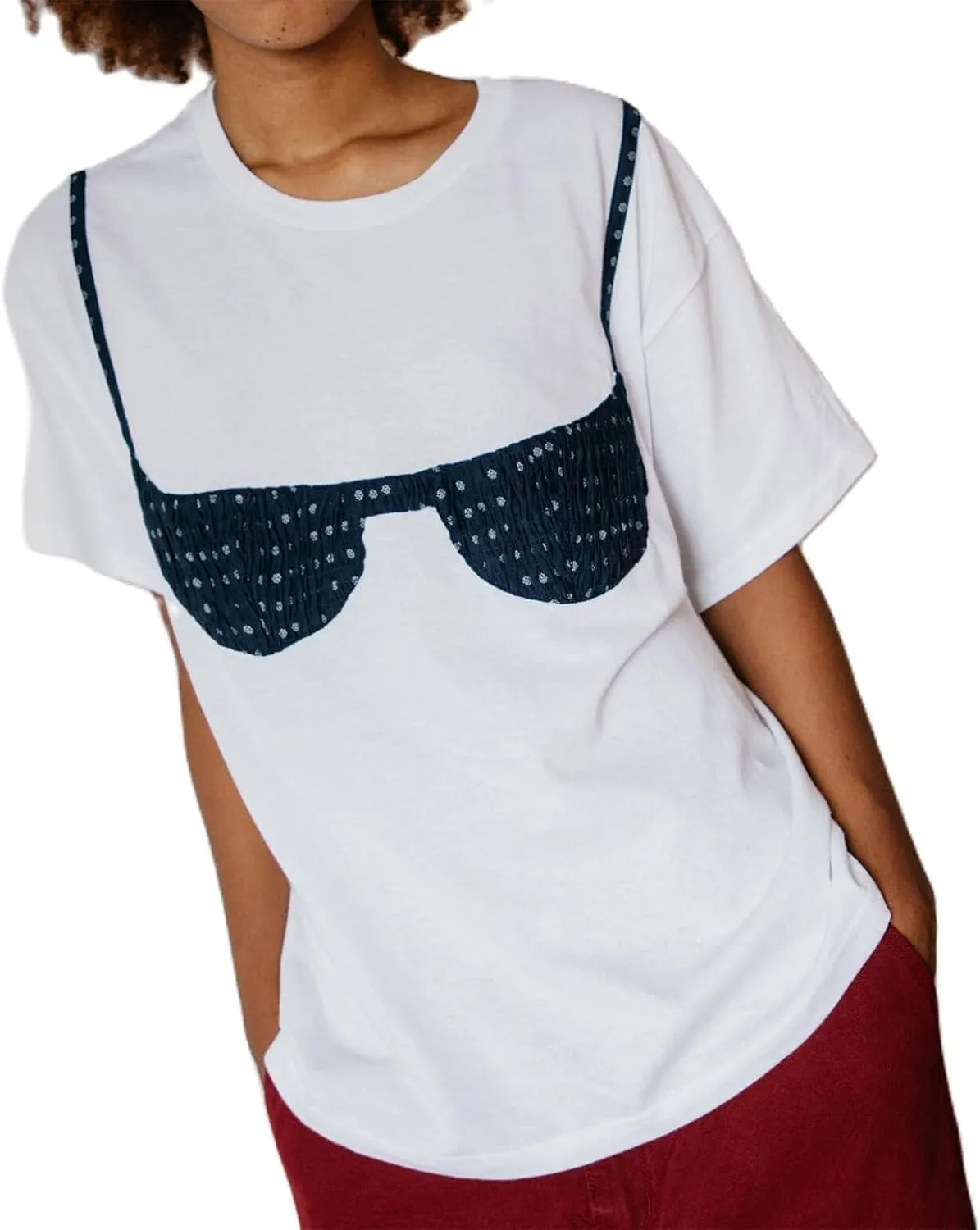 Women Y2k Smocked Shirt Bikini Bra Graphic Print Crewneck Short Sleeve Casual Shirts Summer Aesthetic White Tee Top
