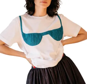 Women Y2k Smocked Shirt Bikini Bra Graphic Print Crewneck Short Sleeve Casual Shirts Summer Aesthetic White Tee Top