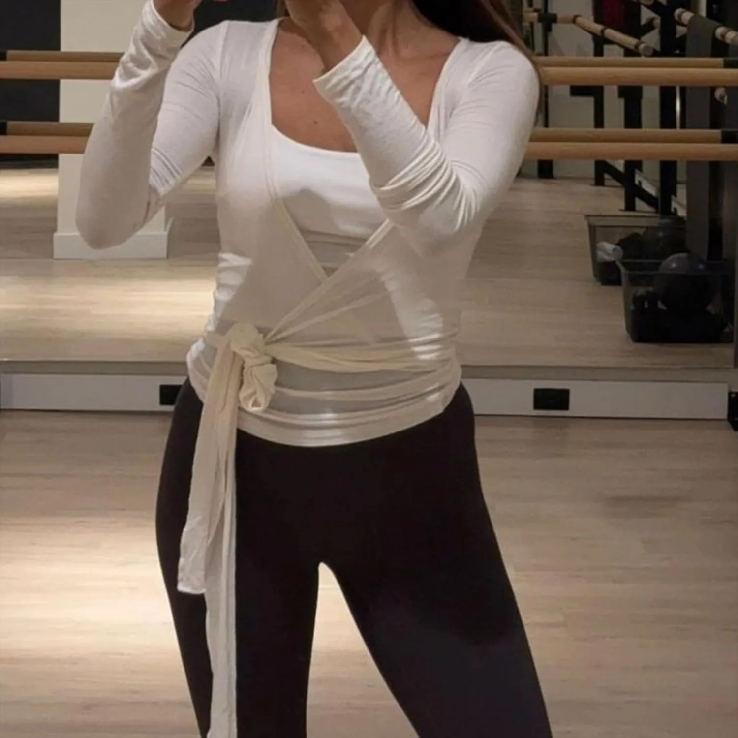 Women Yoga Y2k Cross Wrap Tie Crop Top Long Sleeve Deep V Neck Olid Slim Fit T Shirt Ballet Wrap Blouse Workout Top