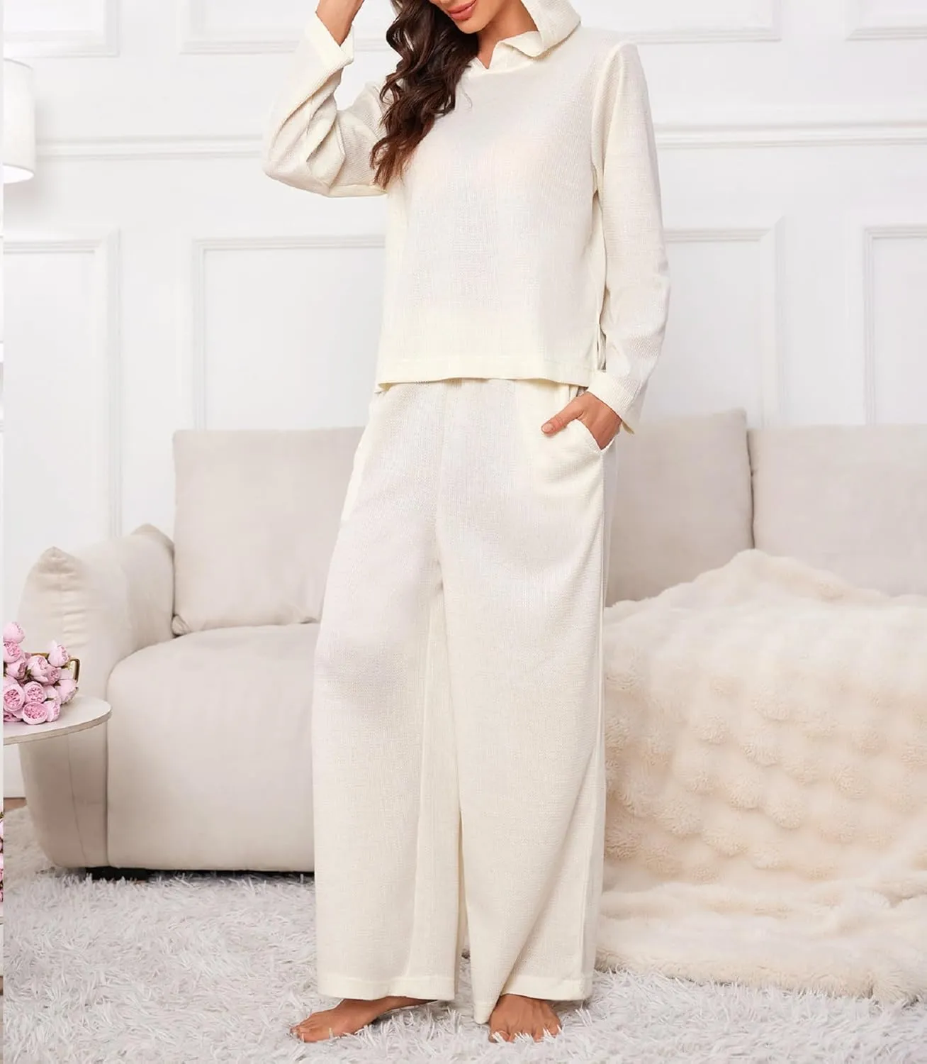 Women's 2 Piece Sets Sweatsuits Spring Long Sleeve Hoodie Wide Leg Casual Lounge Set with Pockets