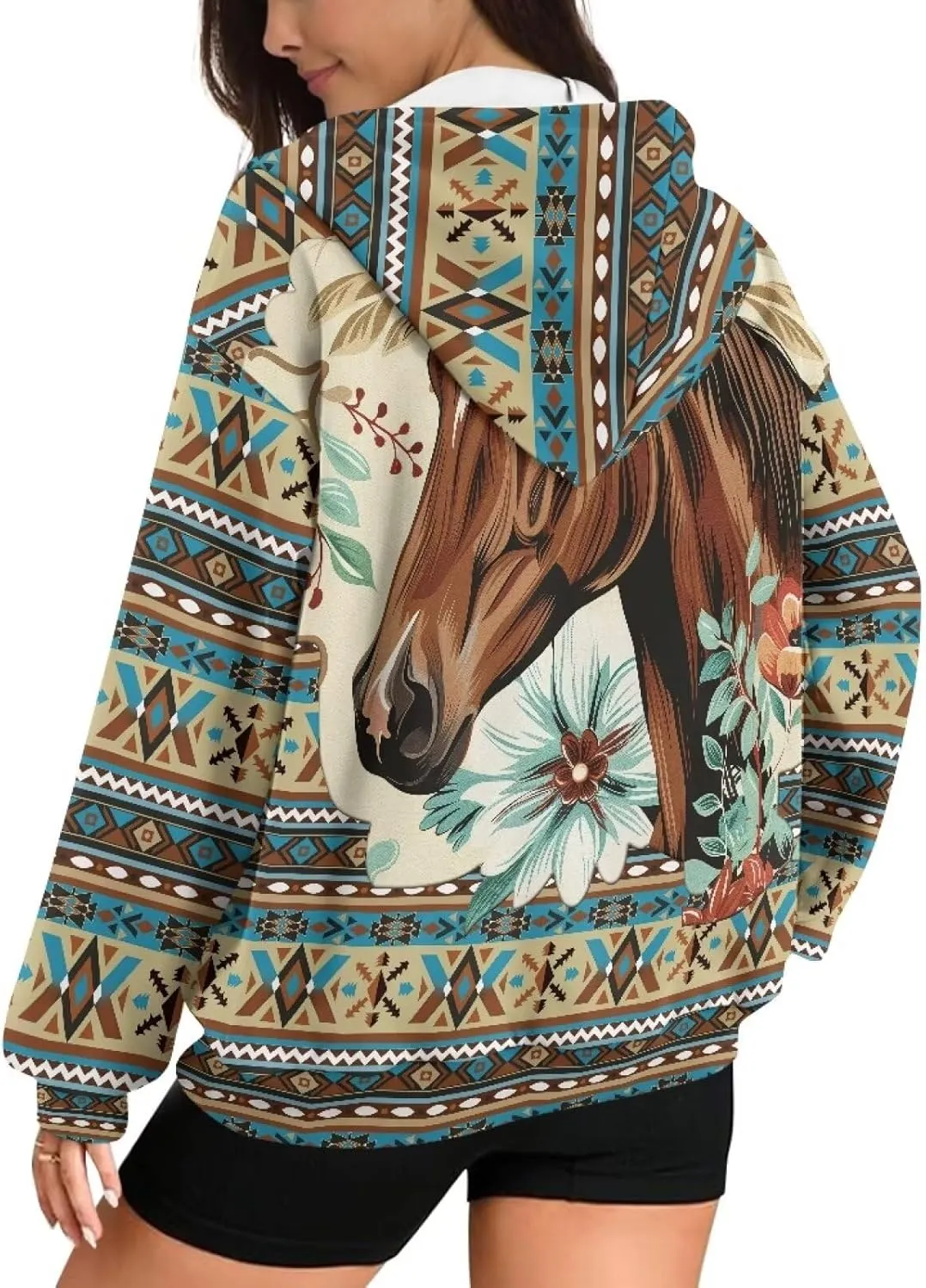 Women's Aztec Print Hoodies Casual Long Sleeve Zip Up Ethnic Western Drawstring Hooded Sweatshirts with Pockets