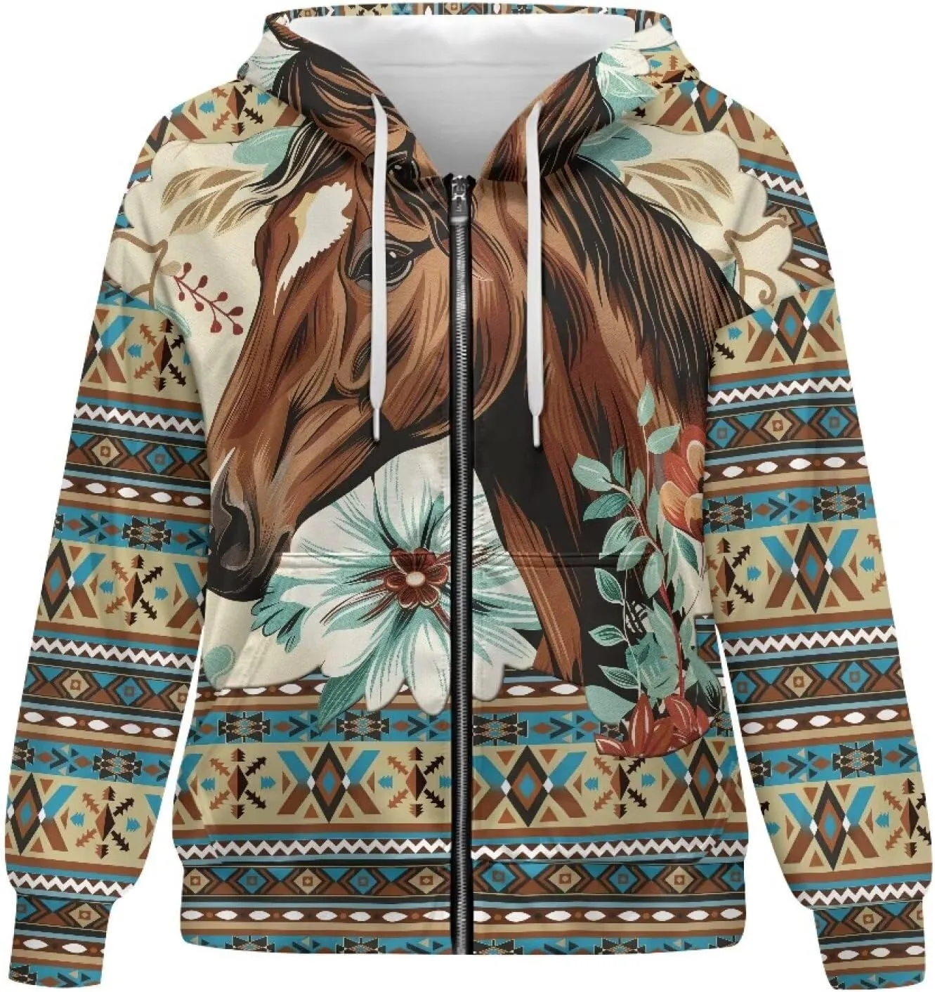 Women's Aztec Print Hoodies Casual Long Sleeve Zip Up Ethnic Western Drawstring Hooded Sweatshirts with Pockets
