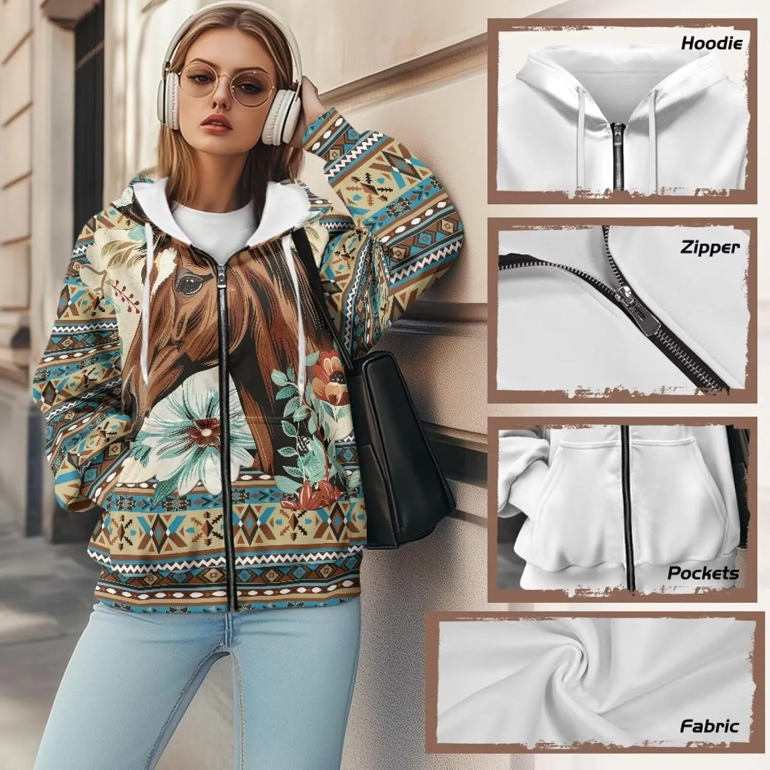 Women's Aztec Print Hoodies Casual Long Sleeve Zip Up Ethnic Western Drawstring Hooded Sweatshirts with Pockets