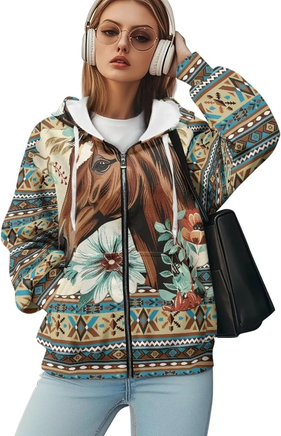 Women's Aztec Print Hoodies Casual Long Sleeve Zip Up Ethnic Western Drawstring Hooded Sweatshirts with Pockets